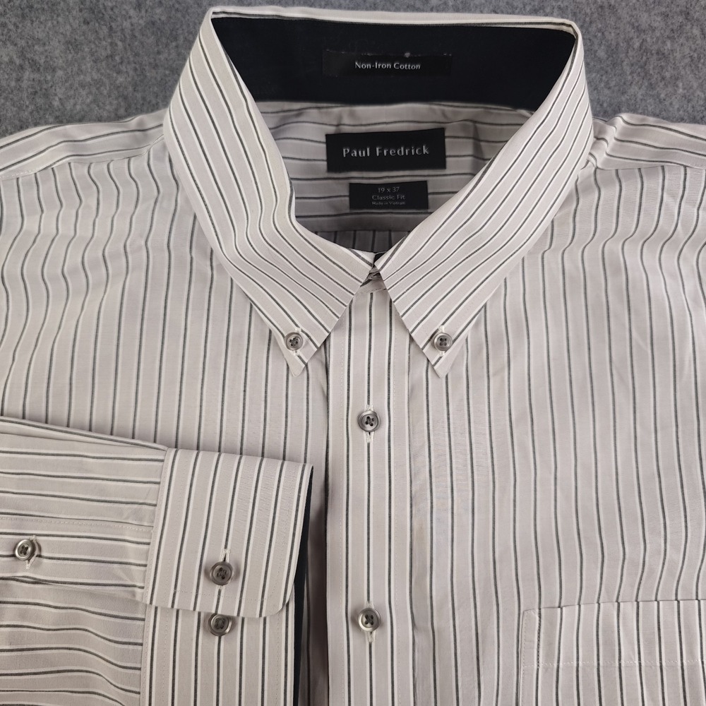 Paul Fredrick Dress Shirt Mens 19 37 Classic Fit Non Iron Gray Black Striped